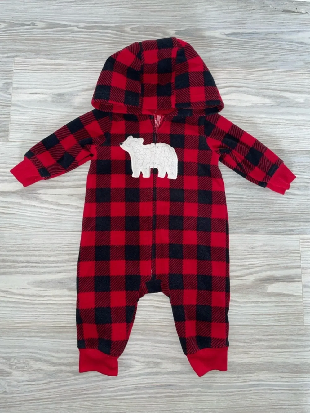 Carter’s Baby Boy 3M Fleece Buffalo Plaid Hooded One-Piece Bear Romper